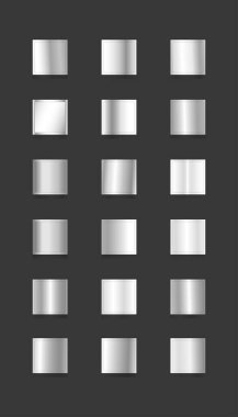 Değişen metalik eğimlere sahip 18 gümüş dikdörtgen çerçeve seti, tasarım projeleri için ideal.