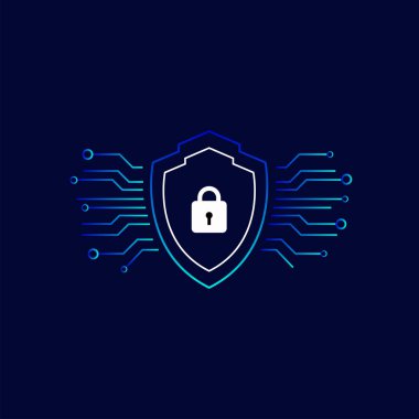 Modern bir grafik, dijital güvenlik ve veri korumasını sembolize eden asma kilitli bir kalkan tasvir ediyor..