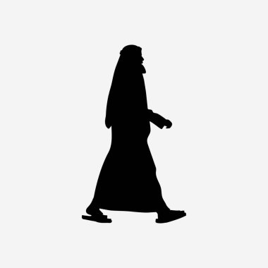 Geleneksel Arap kıyafetleri içinde yürüyen, basit ama zarif bir tarzı olan bir adamın ayırt edici siyah silüeti..