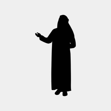 Geleneksel Arap tarzı giyinen, tek elle hareket eden bir adamın basit siyah silüeti. Minimalist stil farklıdır..
