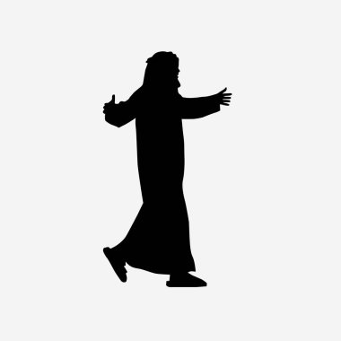 Geleneksel Arap kıyafetleri içinde yürüyen, basit ama zarif bir tarzı olan bir adamın ayırt edici siyah silüeti..