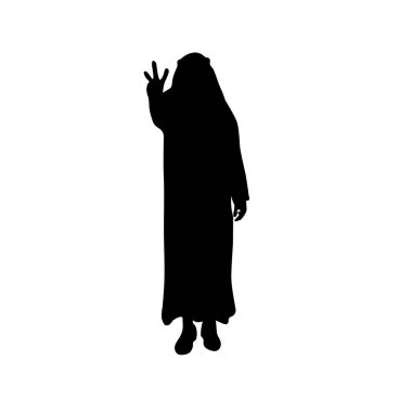 Uzun cüppeli, üç parmaklı bir el sallayan siyah bir siluet. Ayırt edici stili minimalist ve cesur..