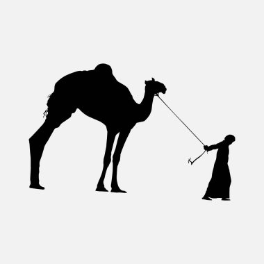 Bir deve ve onun idarecisini gösteren çarpıcı siyah bir siluet, belirgin bir minimalist stil..