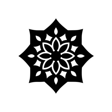 Çarpıcı bir siyah-beyaz geometrik mandala silueti, ayırt edici, karmaşık bir stil sergiliyor..