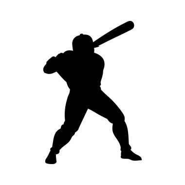 Güçlü bir vuruş duruşu sergileyen dinamik bir beyzbol oyuncusu silueti..
