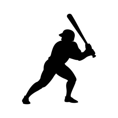 Güçlü bir vuruş duruşu sergileyen dinamik bir beyzbol oyuncusu silueti..