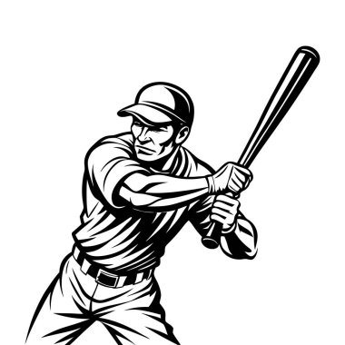 Güçlü bir vuruş duruşu sergileyen dinamik bir beyzbol oyuncusu silueti. Ayırt edici stili kalın ve çarpıcı..