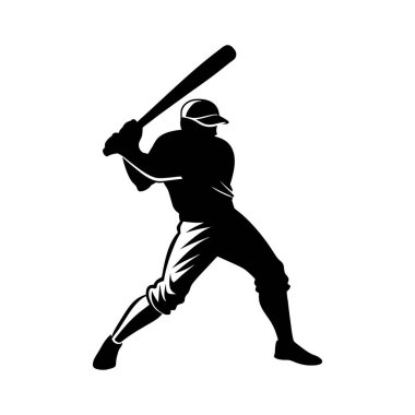Güçlü bir vuruş duruşu sergileyen dinamik bir beyzbol oyuncusu silueti..