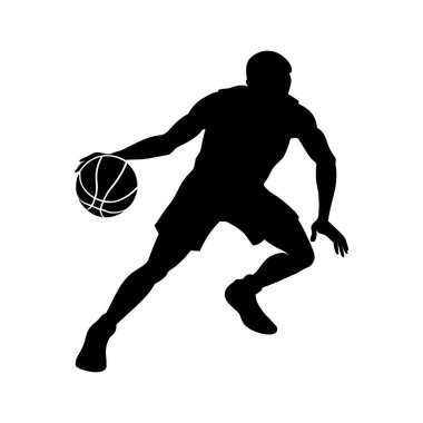 Bir basketbolcunun çarpıcı siyah silueti salya akıtıyor, dinamik bir hareket sergiliyor..