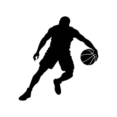 Çarpıcı bir siyah siluet, hareketli bir duruş sergileyen top süren bir basketbolcuyu sergiliyor..