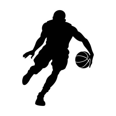 Çarpıcı bir siyah siluet, dinamik aksiyon pozu veren bir basketbolcuyu sergiliyor..
