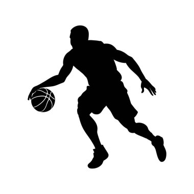 Hareketli bir basketbol oyuncusunun çarpıcı siyah silueti, dinamik bir stil sergiliyor..