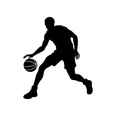 Çarpıcı bir siyah siluet, top sürerek hareket eden bir basketbolcuyu gösteriyor. Ayırt edici minimalist stil oyuncunun dinamik duruşunu vurgular.