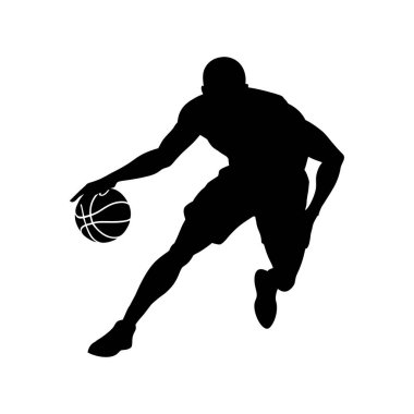 Hareketli bir basketbol oyuncusunun çarpıcı siyah silueti, dinamik bir duruş sergiliyor..