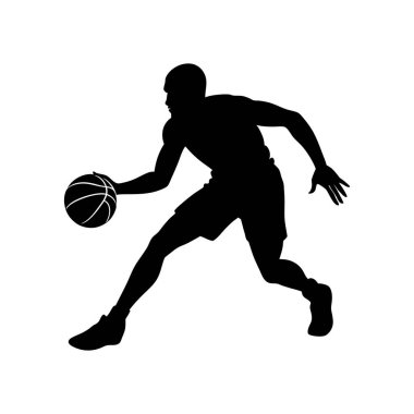 Çarpıcı bir siyah siluet, top sürerek hareket eden bir basketbolcuyu gösteriyor. Ayırt edici özelliği minimalist siluet tarzıdır..