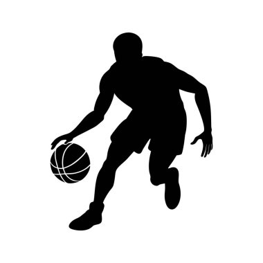 Bir basketbolcunun çarpıcı siyah silueti salya akıtıyor, dinamik bir hareket sergiliyor..