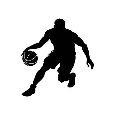 Hareketli bir basketbol oyuncusunun çarpıcı siyah silueti, dinamik bir duruş sergiliyor..