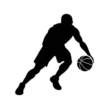 Bir basketbolcunun çarpıcı siyah silueti salya akıtıyor, dinamik bir hareket sergiliyor..