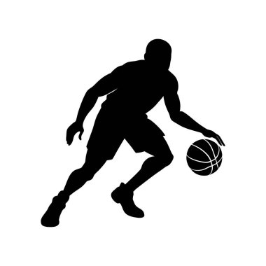 Çarpıcı bir siyah siluet, top sürerek hareket eden bir basketbolcuyu gösteriyor. Ayırt edici minimalist tarzı onu çok yönlü yapıyor..