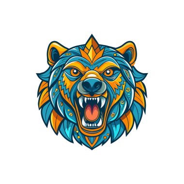 Canlı, süslü bir ayı kafası silueti, kendine özgü sanatsal bir stil sergiliyor cesur renkler ve karmaşık detaylarla.