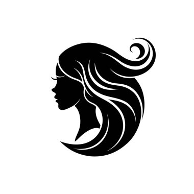 Uzun, dalgalı saçlı, dairesel bir dizaynla sunulan stilize bir kadın silueti. Siluet biçimi ayırt edici bir özelliktir.