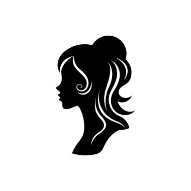 Bir kadın profilinin şık siyah beyaz silueti, kendine özgü kıvrımlı saç stili..