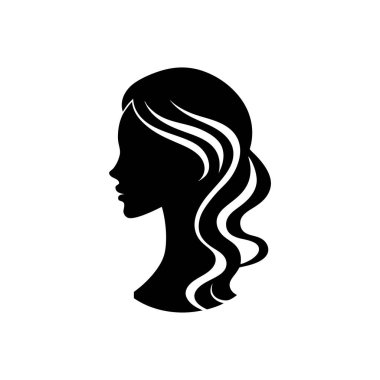Bir kadının profilinin şık siyah beyaz silueti, dalgalı dalgalı saçlar. Silüet tarzı minimalist ve zarif..
