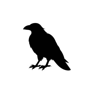 Bir kuzgunun çarpıcı siyah silueti detaylı bir profil görüntüsü sergiliyor. Basit siluet biçimi ayırt edici bir özelliktir.