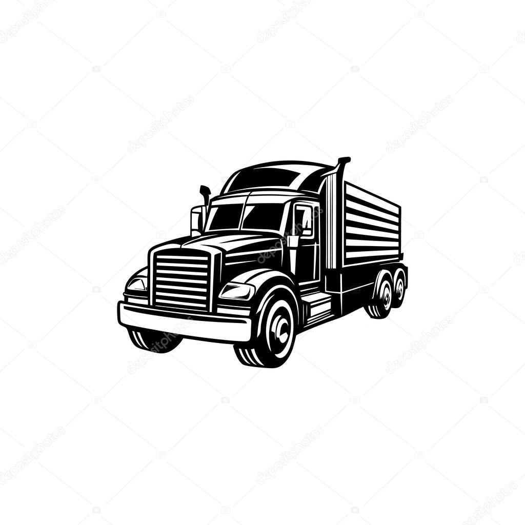 A detailed black and white silhouette of a logging truck, showcasing a distinctive vintage style.
