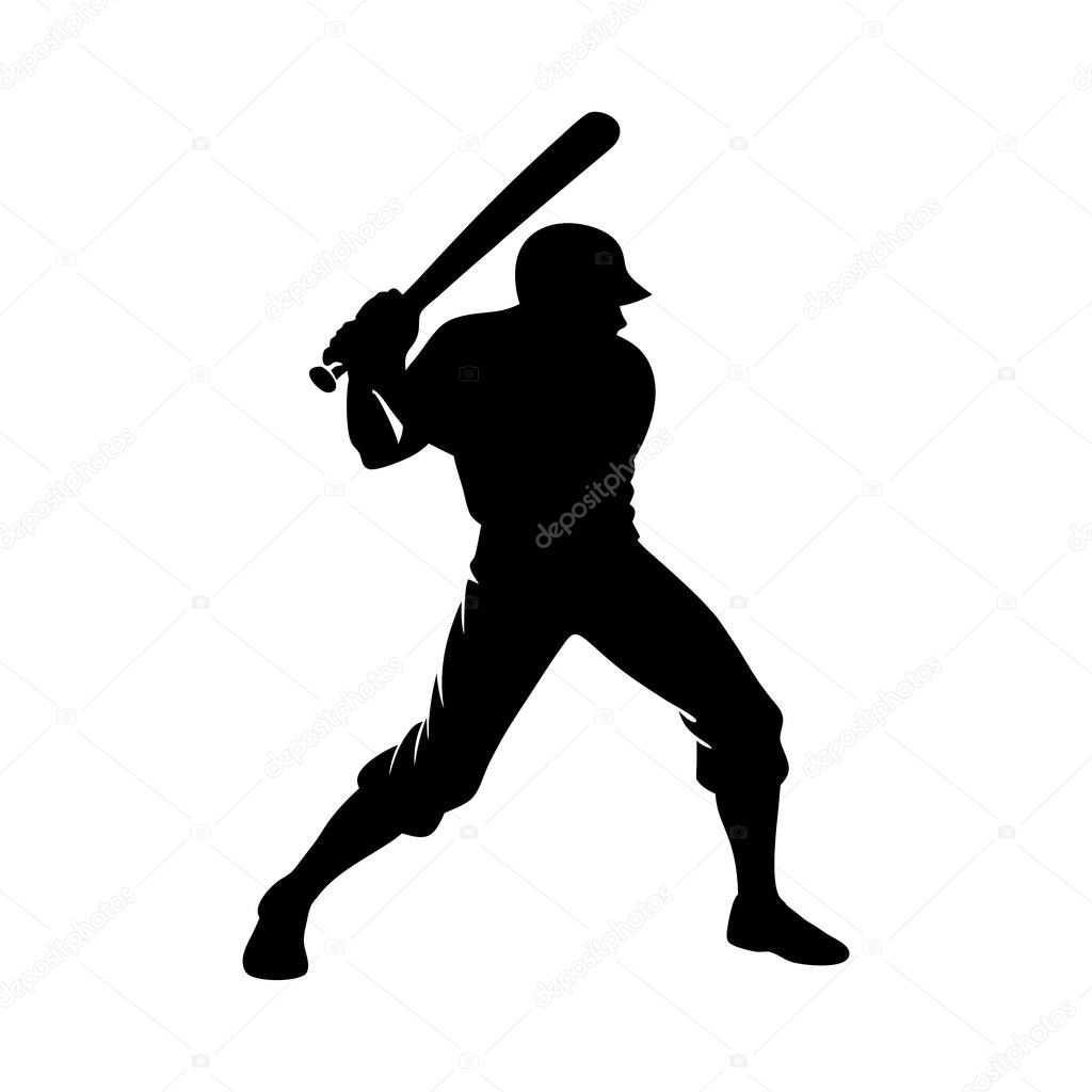 A dynamic baseball player silhouette, showcasing a powerful batting stance. The distinctive style is bold and graphic.