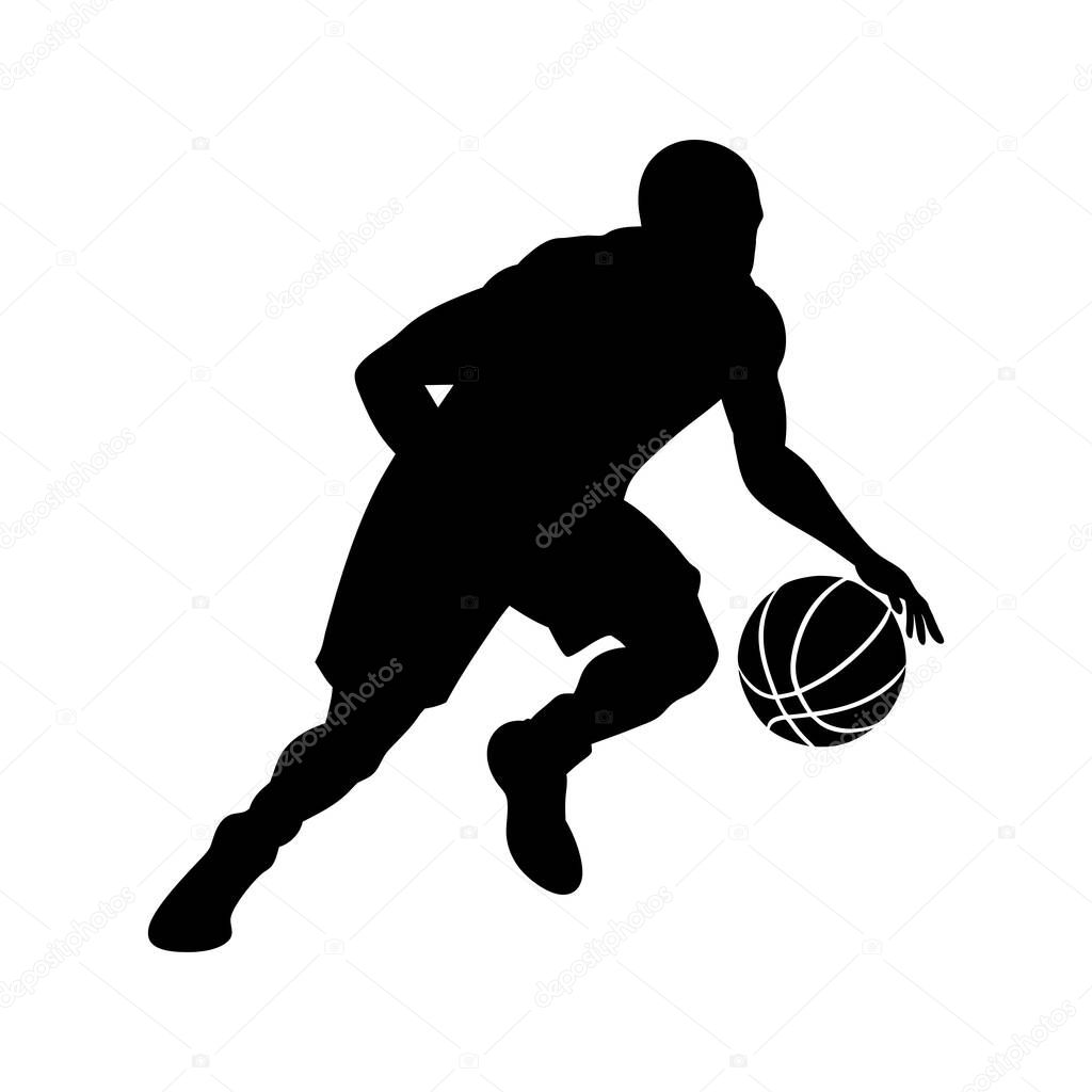 A striking black silhouette showcases a basketball player in motion, dribbling the ball. The distinctive minimalist style makes it perfect for sports-themed designs.