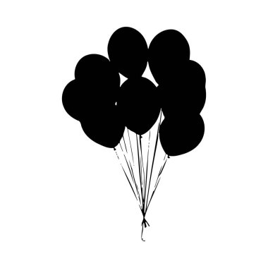 Beyaz arka planda birbirine bağlanmış siyah balon kümesi. Görüntü basit bir siluet ve hafif desenli bir görünüş. Balonlar çeşitli boyutlarda ve şekillerde..