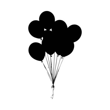 Bir sicim ve küçük bir yay ile birbirine bağlanmış siyah balon kümesi, beyaz arka plana karşı basit bir siluette tasvir edilir. Görüntü minimalist ve grafiksel..