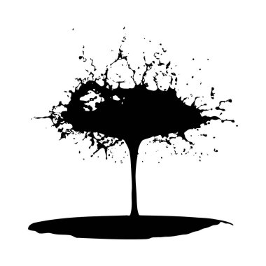 Siyah bir mürekkep, beyaz bir arkaplana karşı ağaç benzeri bir siluetin tepesinde taç benzeri bir şekil oluşturur. Tarz, siyah ve beyaz arasında yüksek bir kontrastla soyut ve grafiktir..