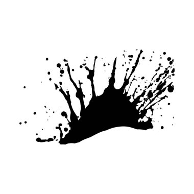 Beyaz arka planda siyah mürekkep sıçramasının yüksek kontrastlı görüntüsü. Sıçramanın çeşitli boyutlarda damlacıkları ve dışa doğru yayılan çizgileri var. Genel etkisi dinamik ve soyut..