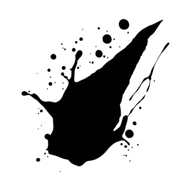 Beyaz arka planda yüksek kontrastlı siyah bir mürekkep sıçraması. Düzensiz şekil çeşitli boyutlarda damlacıklar ve sıçramalar içeriyor. Genel havası dinamik ve enerjik..
