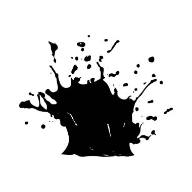 Beyaz arka plana siyah mürekkep sıçramasını gösteren yüksek kontrastlı bir resim. Sıçramanın dinamik ve düzensiz bir şekli var. Farklı boyutlarda damlacıklar dışa doğru uzanıyor. Biçim soyut ve grafiksel.