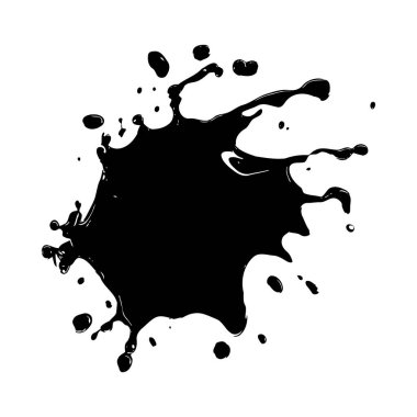 Beyaz arka plana siyah mürekkep sıçramasının yüksek kontrastlı görüntüsü. Mürekkep, çeşitli boyutlarda damlacıklar ve sıçramalarla dinamik ve düzensiz bir şekilde tasvir edilir. Genel ruh hali enerjik ve soyut..