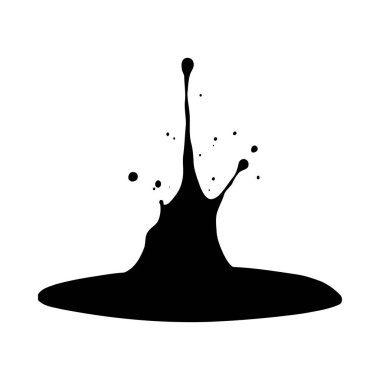 Siyah mürekkep lekesi beyaz arka planda bir taç şekli oluşturur. Sıçrama, dışa doğru yayılan daha küçük damlacıkları olan merkezi bir sütuna sahip. Genel biçim basit ve grafiksel.