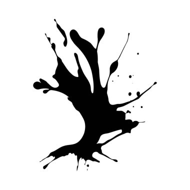 Dinamik siyah mürekkep beyaz arka plana sıçrar. Düzensiz şekil çeşitli boyutlarda damlacıklar ve sıçramalar içeriyor ve dokulu bir etki yaratıyor. Genel ruh hali enerjik ve soyut..