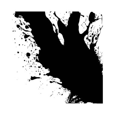 Dinamik mürekkep sıçrama desenine sahip yüksek kontrastlı siyah ve beyaz soyut bir görüntü. Siyah mürekkep bir tarafa hükmediyor ve beyaz zemine çarpıyor. Doku pürüzlü ve düzensiz..