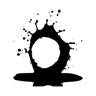 Siyah bir mürekkep, beyaz bir arkaplanda halka şeklinde bir şekil oluşturuyor. Sıçrama özellikleri değişken boyutlardaki damlacıklar ve merkezi dairesel bir boşluk. Tarzı soyut ve minimalist..