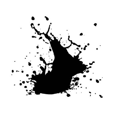 Beyaz arka plana siyah mürekkep sıçramasının yüksek kontrastlı görüntüsü. Sıçrama düzensiz ve dinamik. Değişik boyutlarda damlacıklar var. Genel ruh hali enerjik ve biraz kaotik..