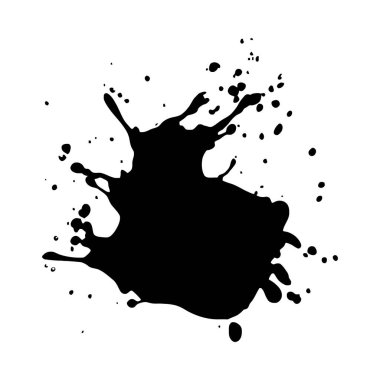 Büyük siyah mürekkep lekesinin yüksek kontrastlı görüntüsü. Beyaz arka planda daha küçük uydu lekeleri var. Bu lekenin düzensiz kenarları ve dinamik, enerjik bir havası var..