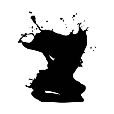 Beyaz arka plana siyah mürekkep sıçramasını gösteren yüksek kontrastlı bir resim. Mürekkep dinamik hareket ve düzensiz kenarlar gösteriyor. Genel ruh hali enerjik ve soyut..