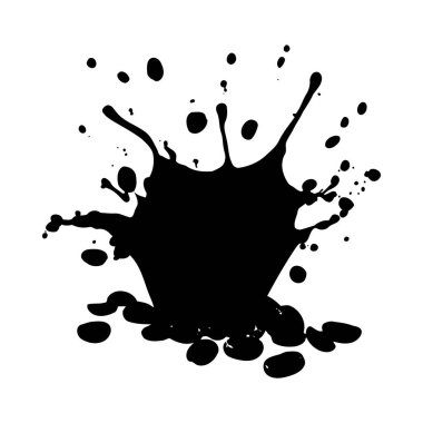 Yüksek kontrastlı bir resim beyaz bir arkaplana siyah bir mürekkep sıçramasını betimler. Mürekkep, yayılan damlacıklar ve daha küçük sıçramalarla merkezi bir kütle oluşturur. Genel stil soyut ve dinamik.