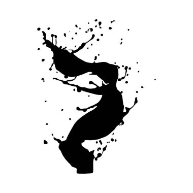 Dinamik bir siyah mürekkep sıçraması beyaz arka planda soyut bir girdap oluşturur. Mürekkebin hareketi akışkan, enerji desenli ve çeşitli boyutlarda damlacıklar halinde yakalanır. Genel stil cesur ve çarpıcı..