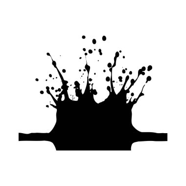 Beyaz arka planda taç şeklinde bir siyah mürekkep sıçraması mürekkep desenli bir görünüme sahip ve çeşitli boyutlarda damlacıklar ve sıçramalar var. Genel ruh hali dramatik ve cesurca..