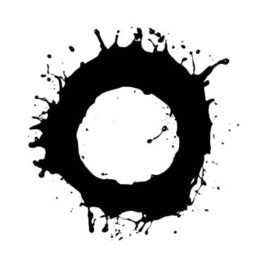 Siyah bir mürekkep sıçraması beyaz bir zemine karşı dairesel bir çerçeve oluşturur. Mürekkebin çeşitli kalınlıkları ve damlaları olan desenli bir görünüşü var. Genel biçim soyut ve grafiktir.