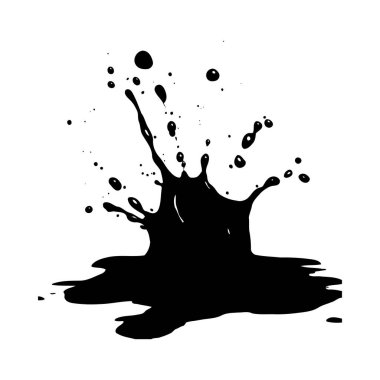 Siyah mürekkep beyaz arka plana sıçrar mürekkep merkezi bir taç şekli oluşturur. Daha küçük damlacıklar ve etrafını saran mürekkep birikintisi ana damlaların altına yayılır.